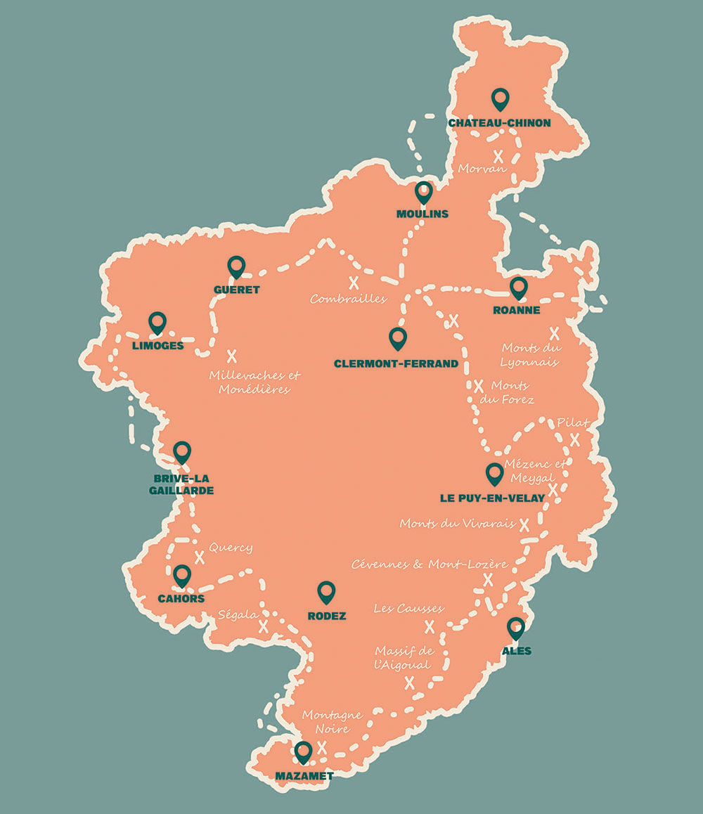 Carte représentant le tour du Massif central en (presque) 80 jours avec les principales villes et territoires traversés. 